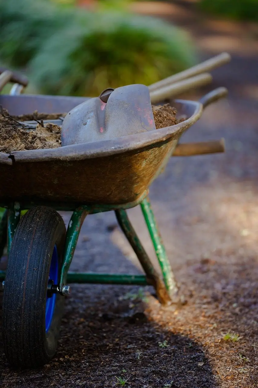 A wheelbarrow loaded with soil and a shovel standing on a garden path