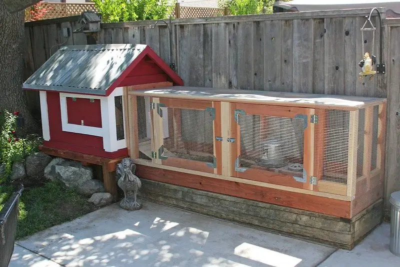 A small red-and-white backyard chicken coop with an attached wire run