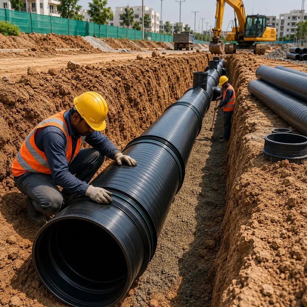 A worker in a hard hat laying large pipe in an excavated trench of bare earth