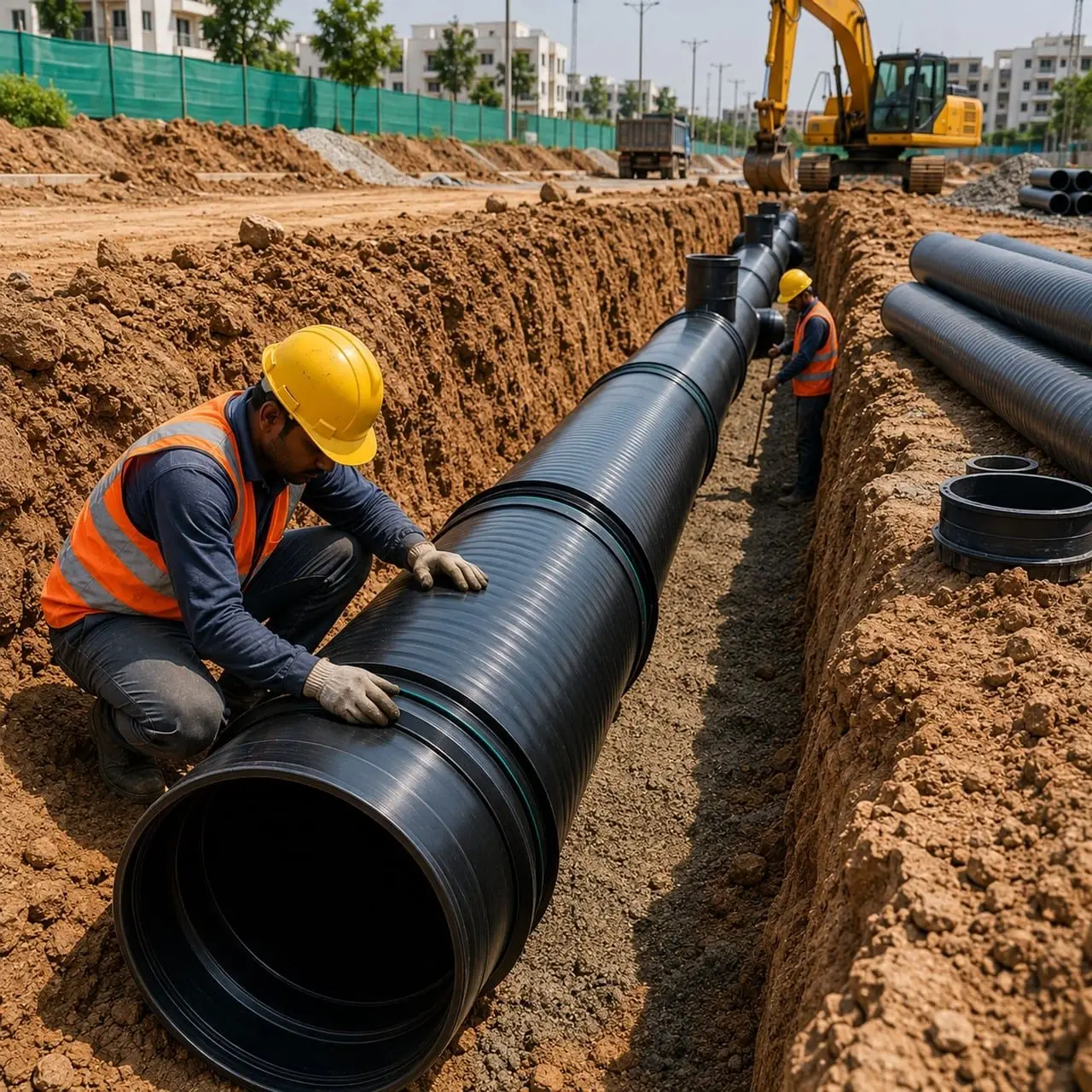 A worker in a hard hat laying large pipe in an excavated trench of bare earth