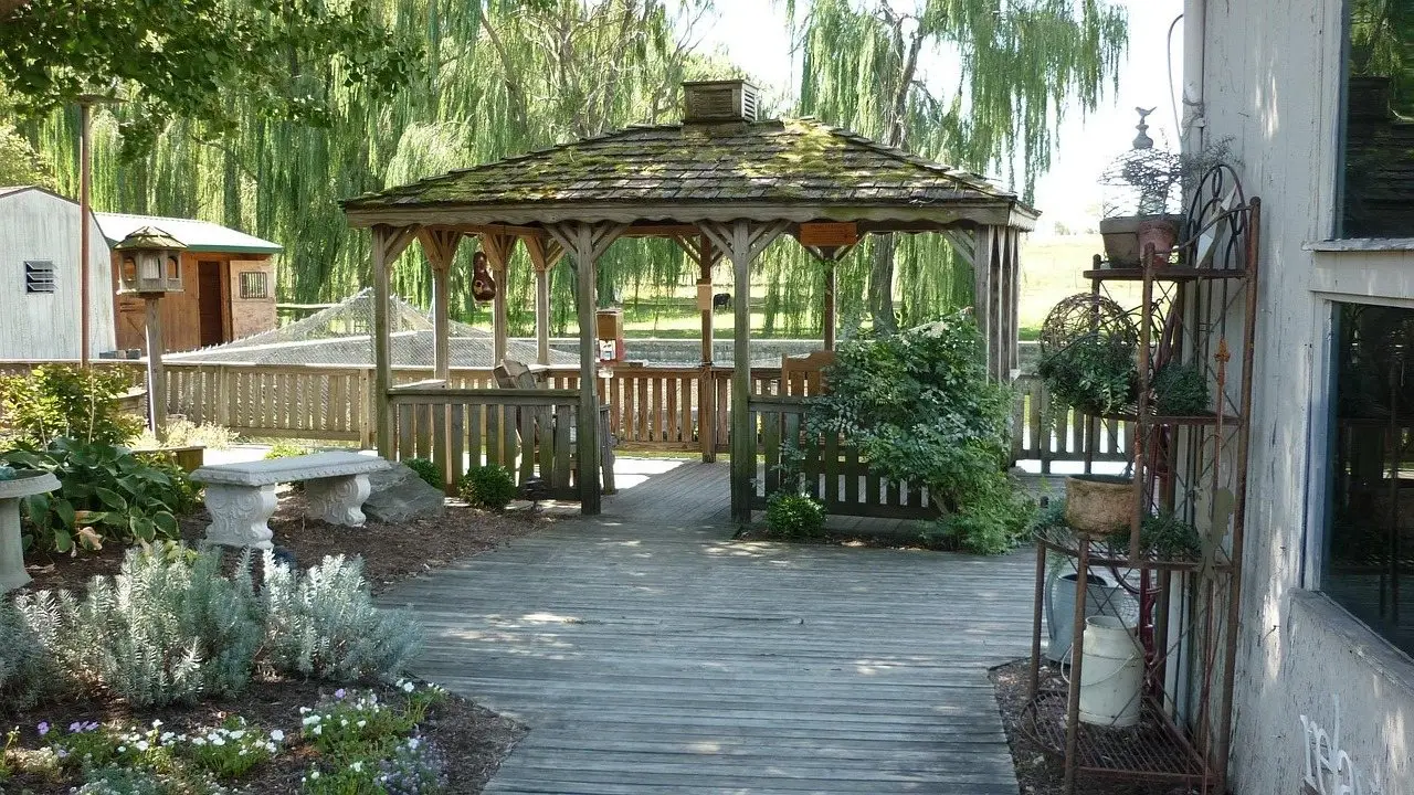 A timber garden pavilion with a solid shingled roof beside a planted border
