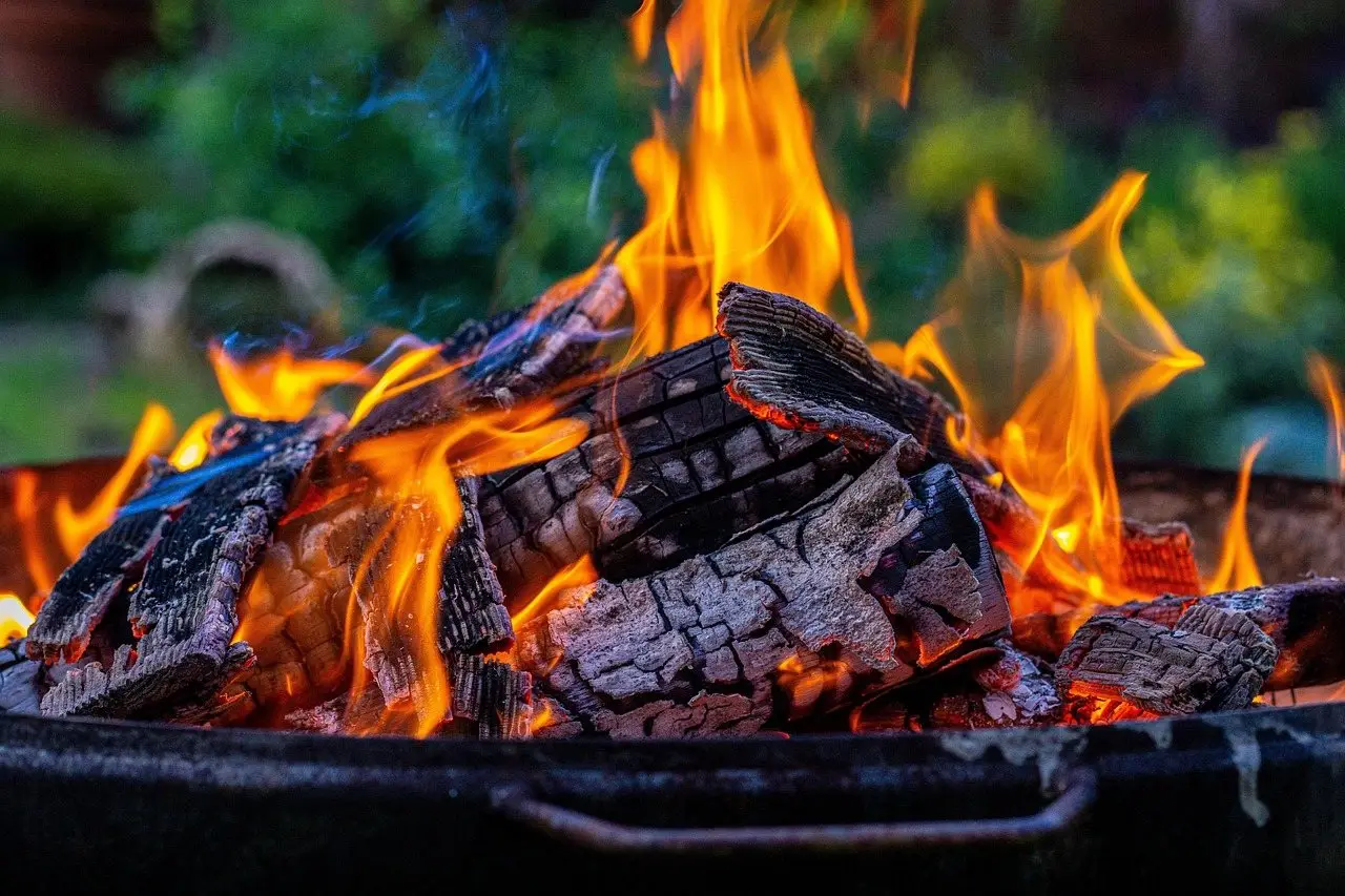 A contained fire bowl burning logs in a garden, flames well inside the rim
