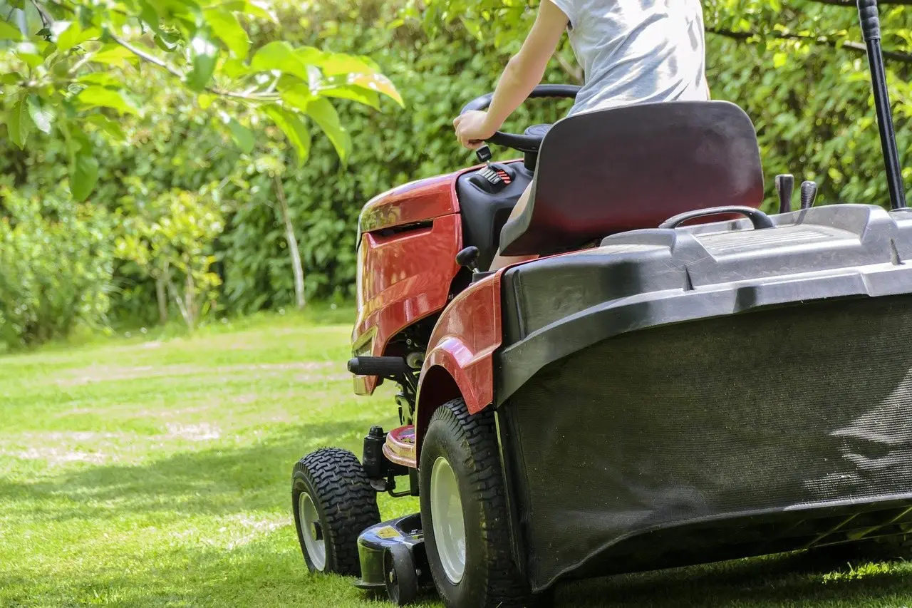 A ride-on mower cutting a lawn beside a hedge on a sunny day
