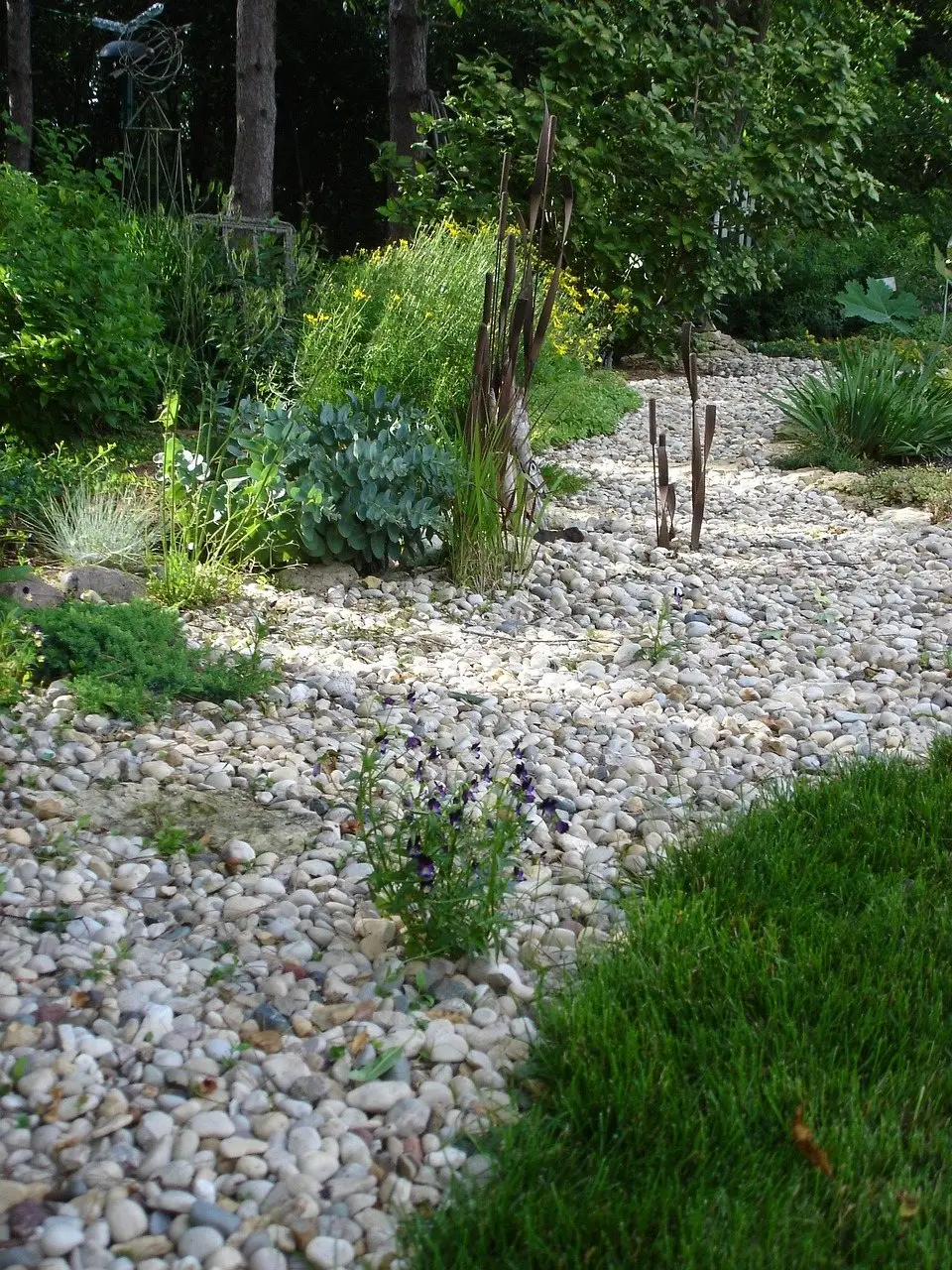 A garden of pale gravel and dry-creek stone planted with grasses and low shrubs instead of lawn