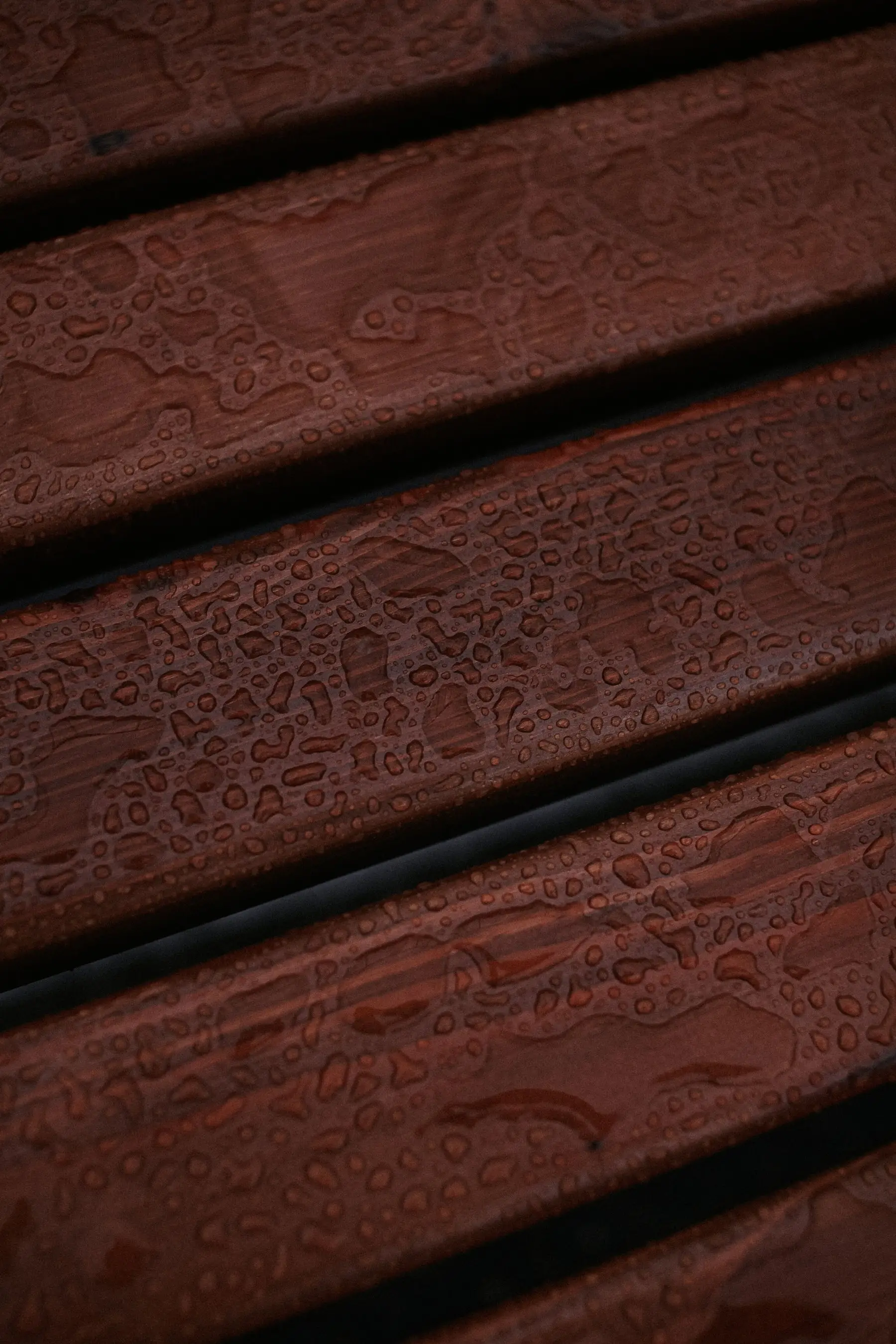 Rainwater beading on stained reddish-brown decking boards, sitting on the surface rather than soaking in