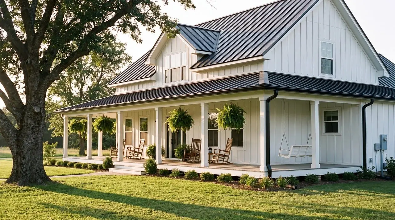 A white house with a deep wraparound covered porch, rocking chairs and a porch swing