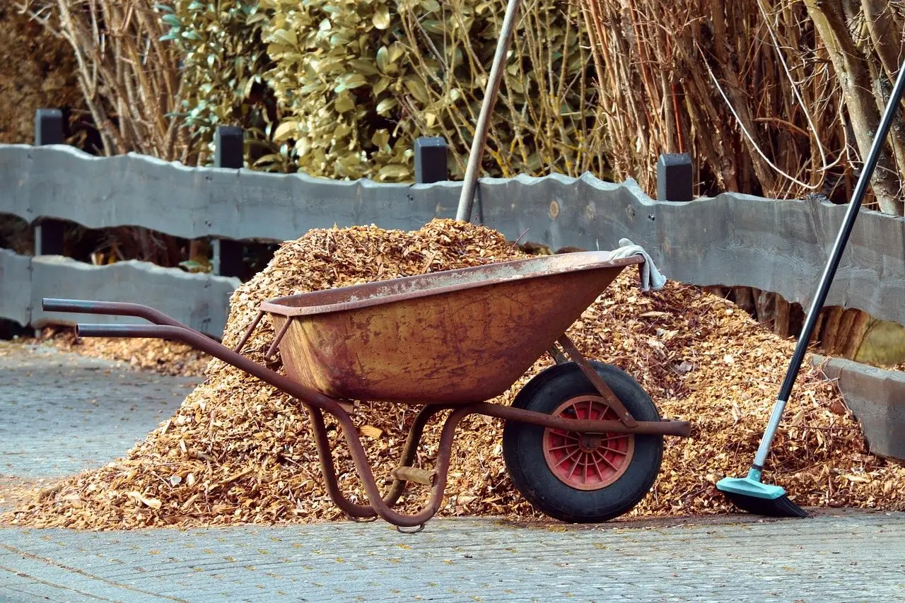 A wheelbarrow and broom standing beside a large heap of bark mulch on a garden path
