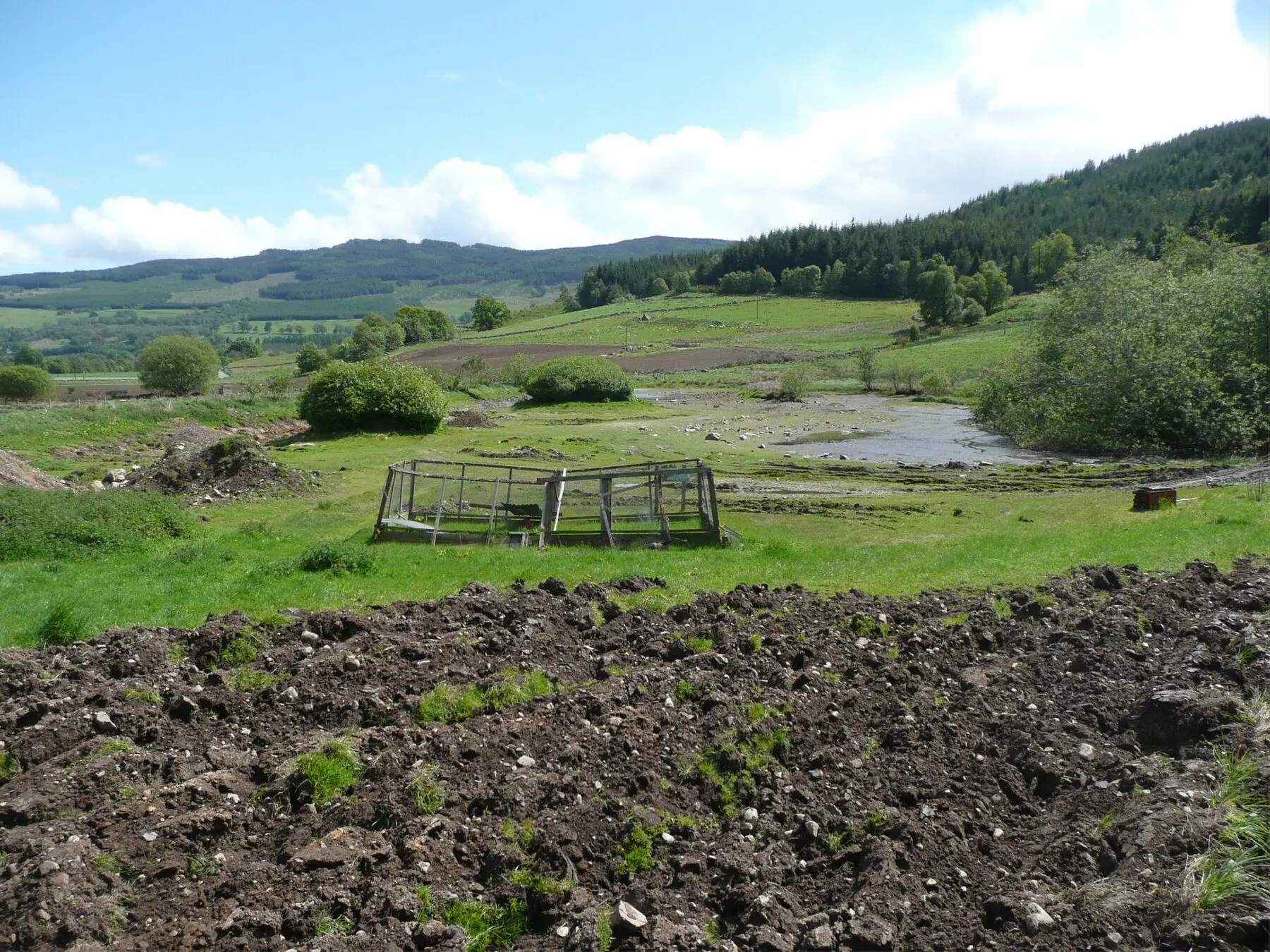 A drained pond with excavated soil heaped alongside it