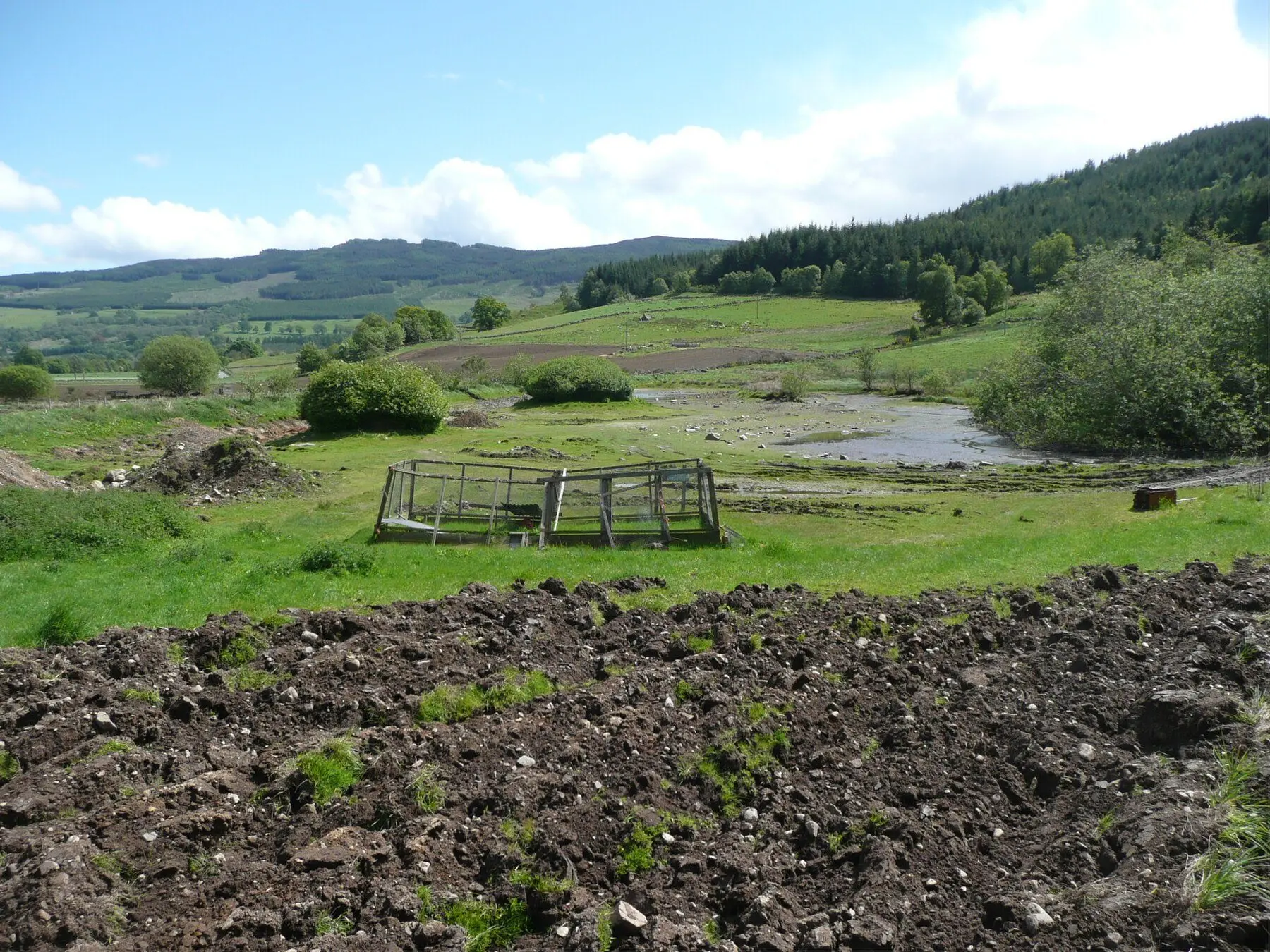 A drained pond with excavated soil heaped alongside it