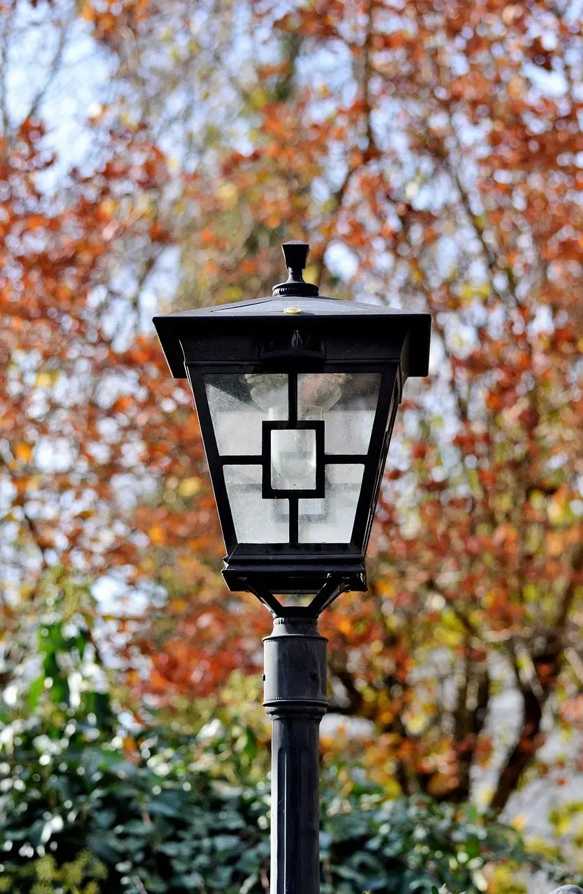 A square-topped garden lamp head on its post against autumn foliage