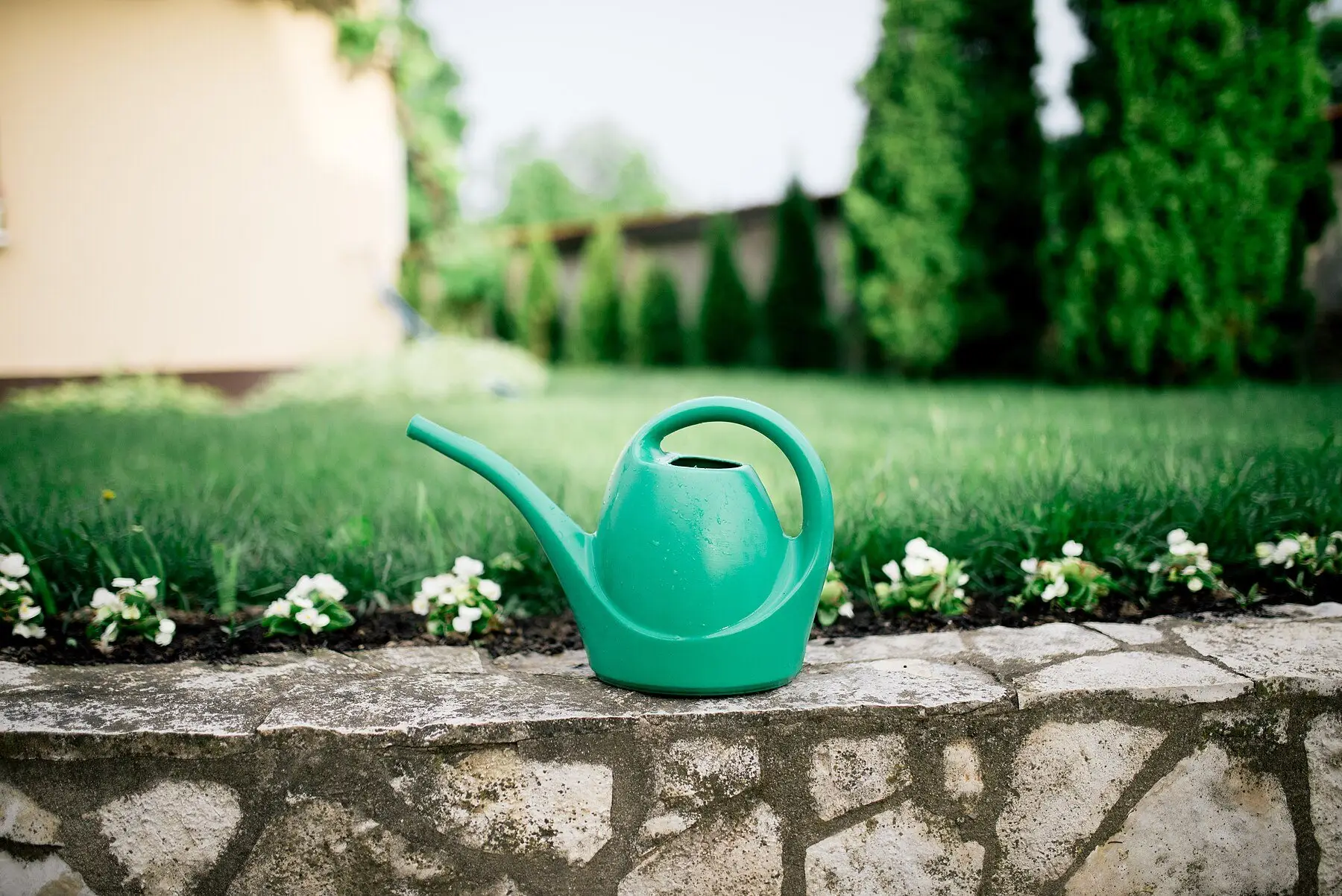 A green watering can resting on a stone wall beside a flower bed and lawn