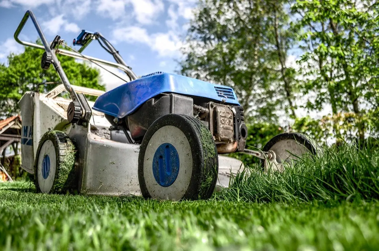 A mower at the boundary between closely cut lawn and long uncut grass