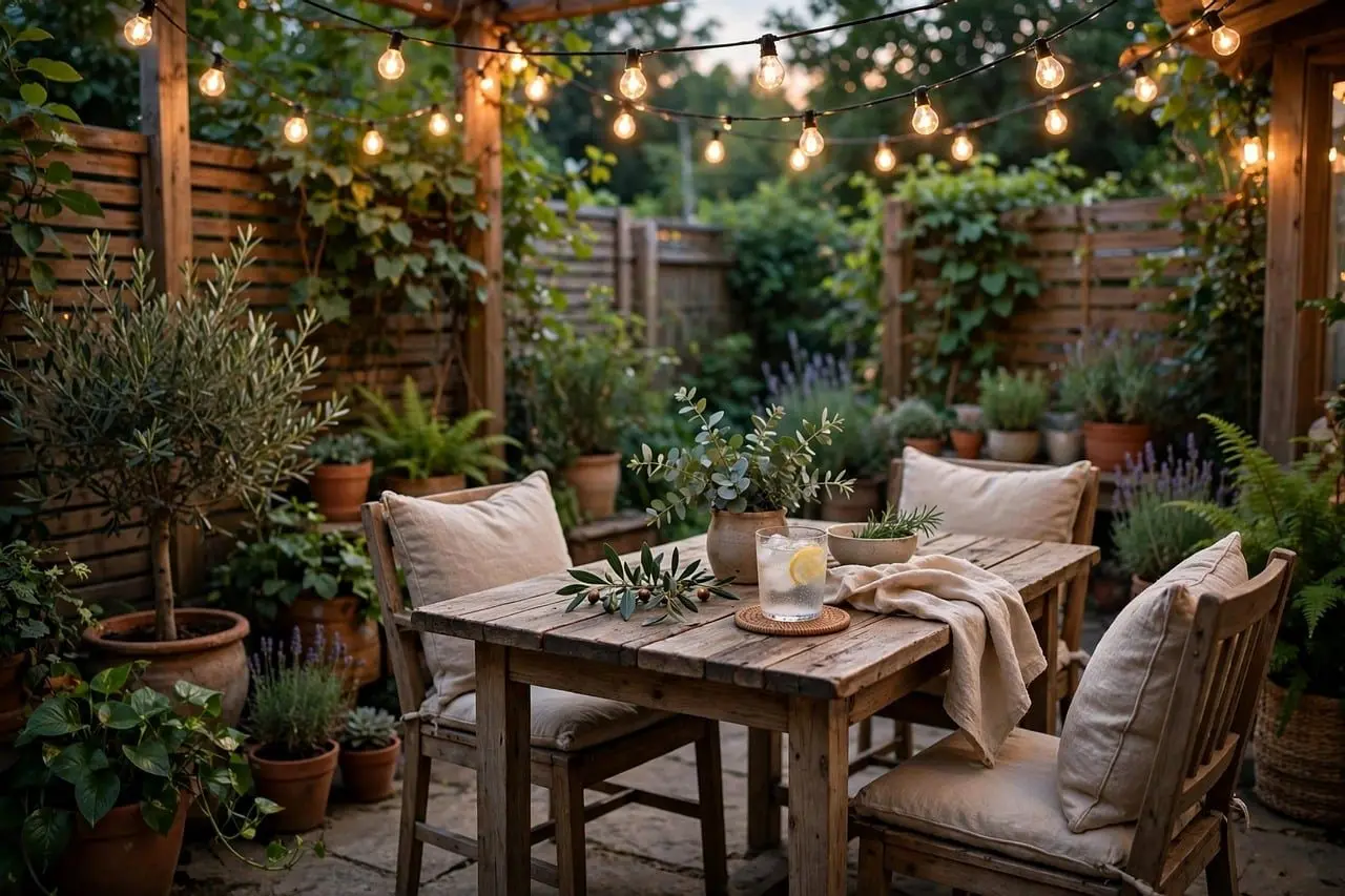 A small patio at dusk with warm string lights overhead, a timber table and potted plants at varied heights