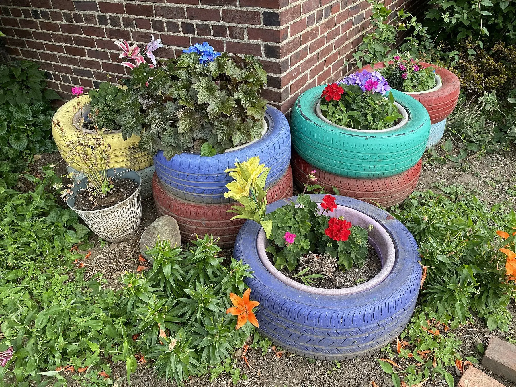 Car tyres painted yellow, blue, pink and turquoise, planted with flowers against a brick wall