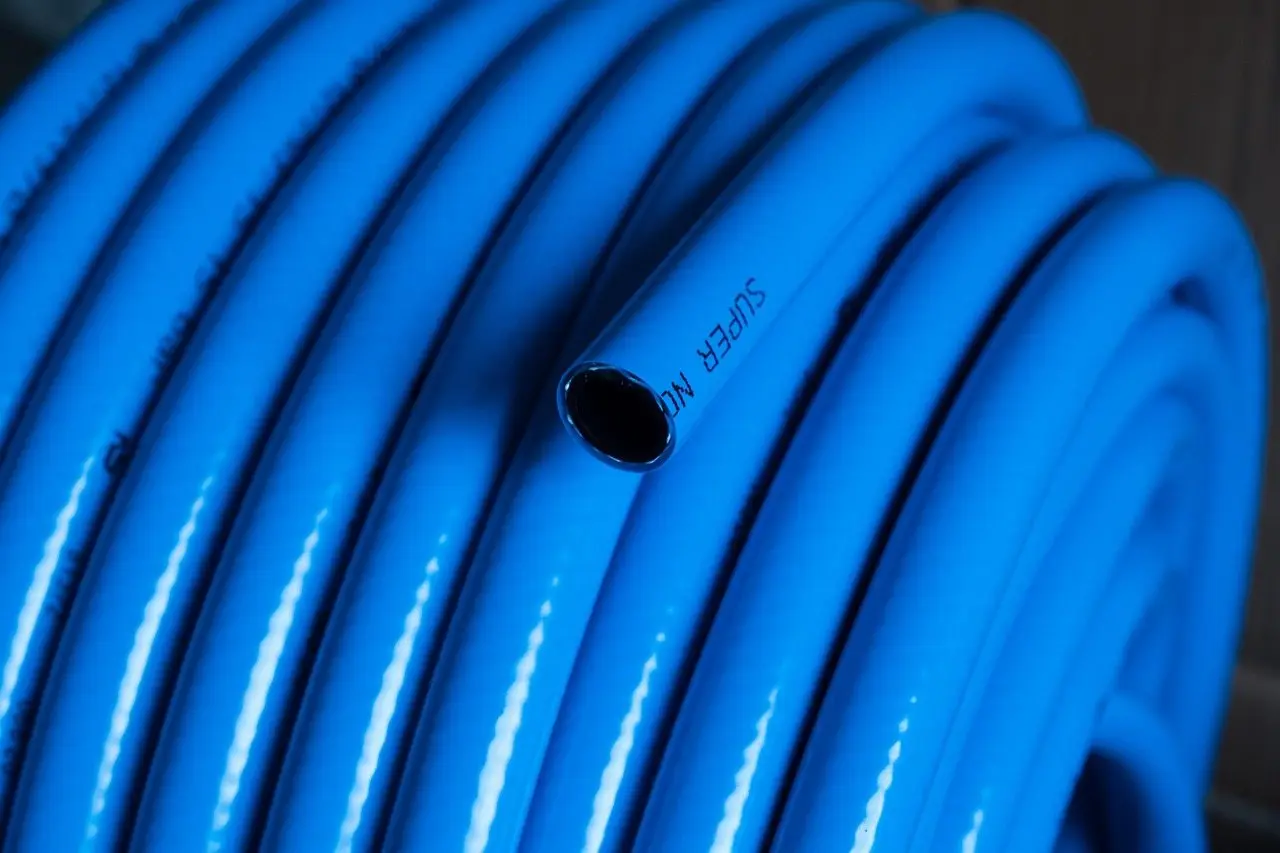 A blue garden hose coiled in neat wide loops, the cut end facing the camera