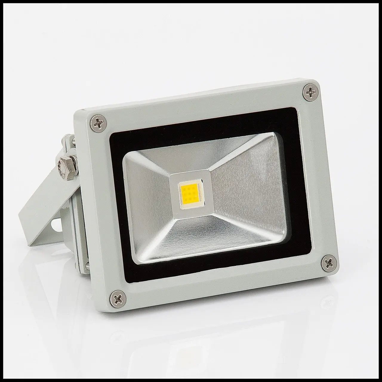 A compact LED flood light with a mounting bracket, showing the reflector behind the diode