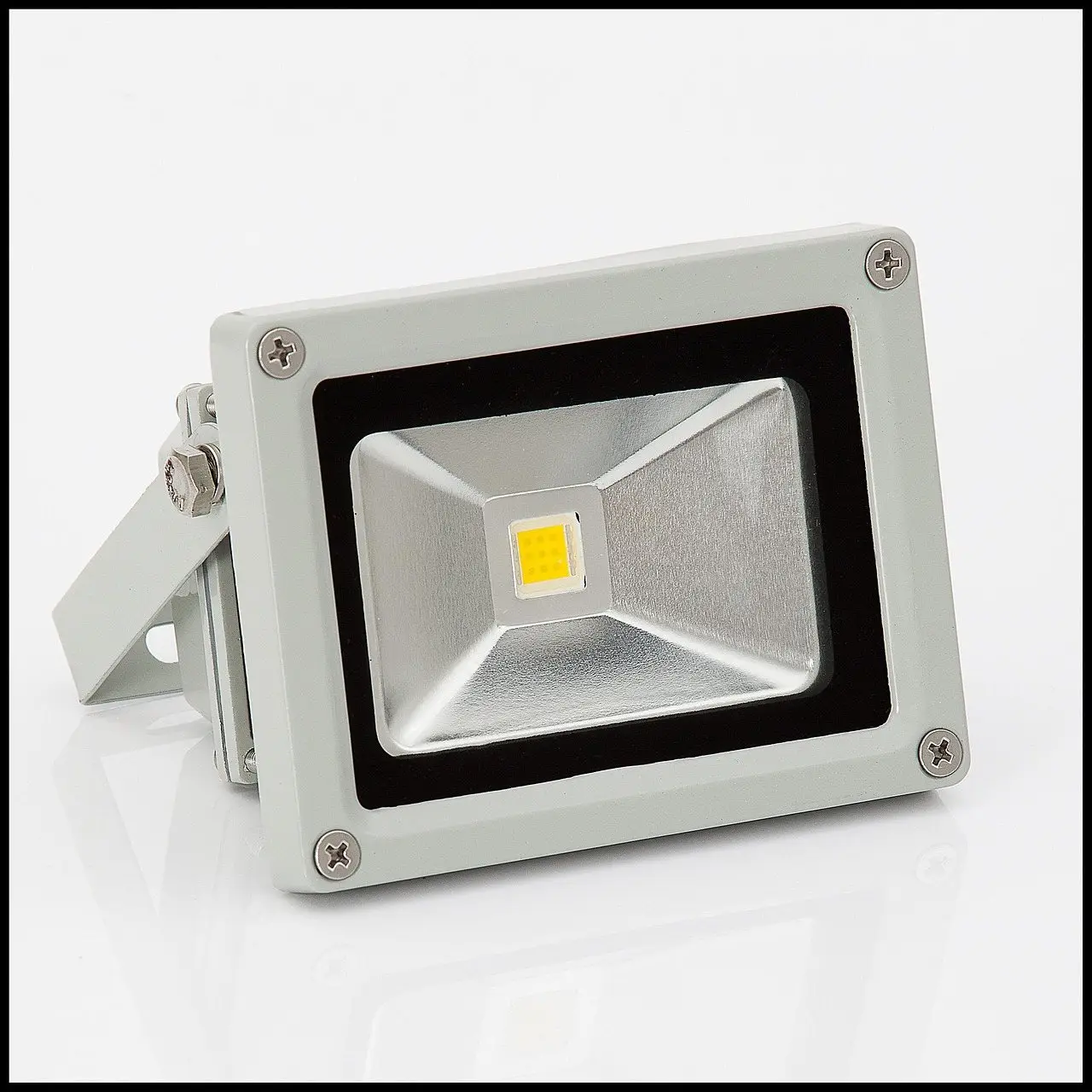 A compact LED flood light with a mounting bracket, showing the reflector behind the diode