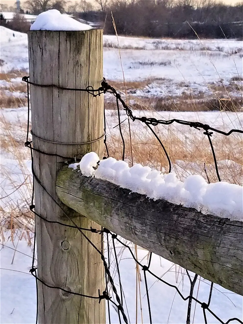 A weathered timber fence post carrying plain and barbed wire strands across a snowy field