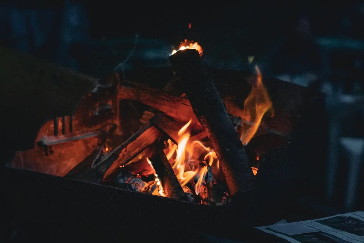 Split logs burning in a metal fire pit at dusk, thin smoke rising from the flames