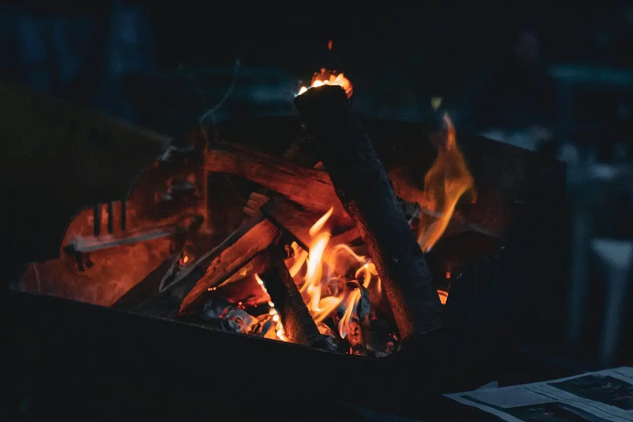 Split logs burning in a metal fire pit at dusk, thin smoke rising from the flames