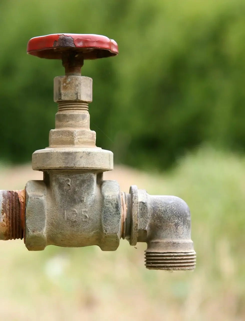 An outdoor gate valve tap with a red handle and a threaded brass hose outlet, showing corrosion at the joints