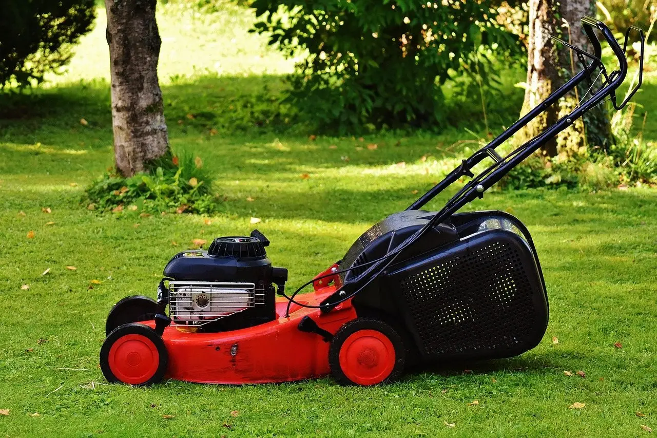 A red petrol push mower with its grass box fitted, standing side-on in a shaded garden